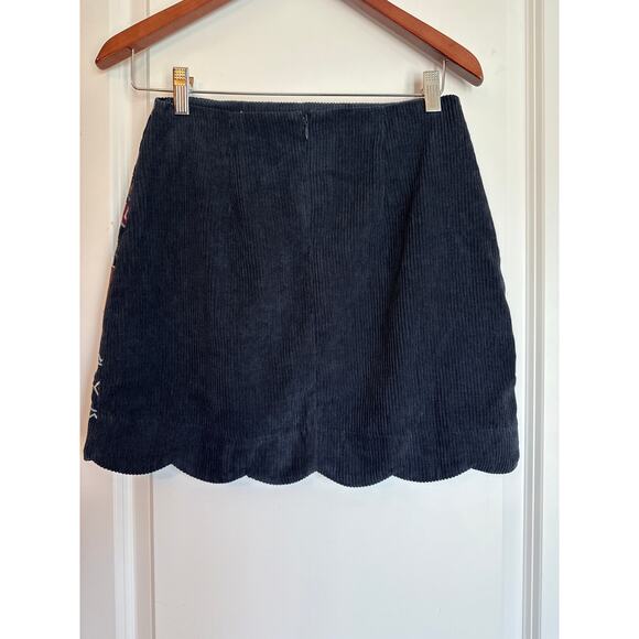 Blue Rain Navy Corduroy Mini Skirt S NWT Scallop Hem Embroidered Geometric - Picture 2 of 6